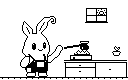 A pixel rabbit prepares coffee in the kitchen.
