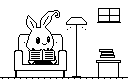 A pixel rabbit sits and reads a book.