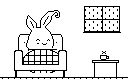 A pixel rabbit takes a quiet break at home.